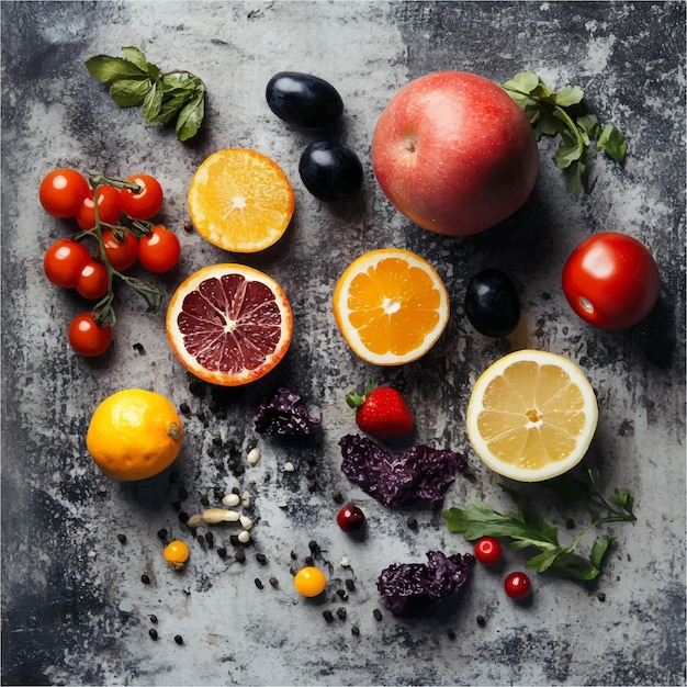 Vector vibrant assortment of fresh organic fruits and vegetables on rustic dark background