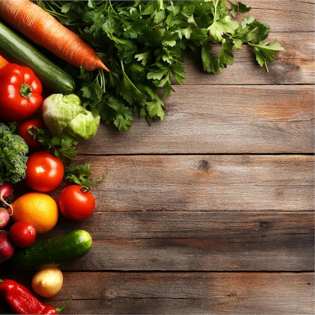 A Vibrant Assortment of Fresh Organic Vegetables and Fruits on a Rustic Wooden Background Showcas