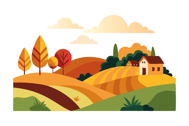 Vector vibrant autumn landscape with rolling hills a charming farmhouse and colorful trees