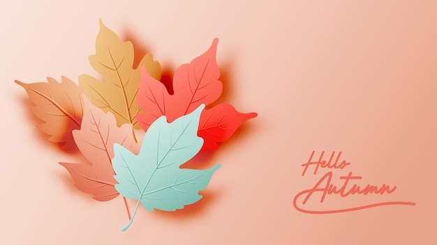 Vector vibrant autumn leaves with hello autumn text in warm colors