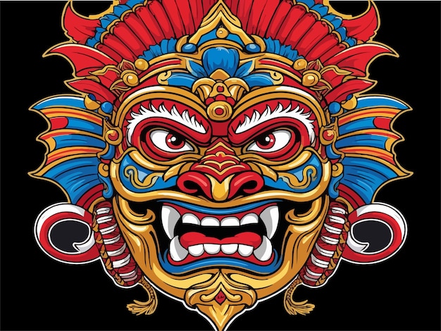 Vibrant Balinese Mask Art Traditional Cultural Illustration Design Art