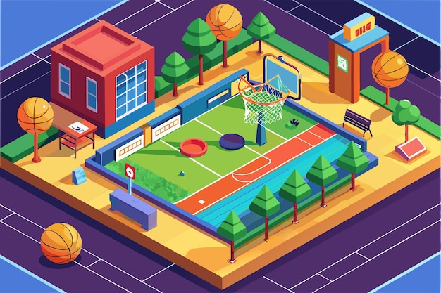 A vibrant basketball court is depicted featuring a hoop basketballs and benches all set in a lively neighborhood park environment