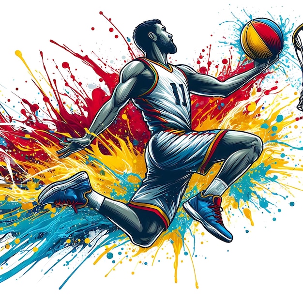 Vibrant basketball player leaping towards hoop with colorful splashes