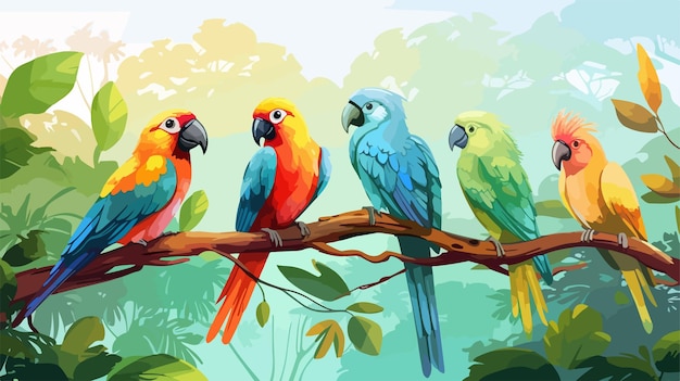 Vector vibrant birds in lush jungle scene illustration