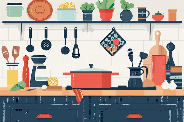 Vector vibrant bistro kitchen vector illustration set