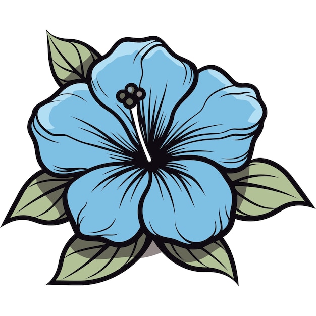 A vibrant blue hibiscus flower with green leaves drawn in a cartoon style