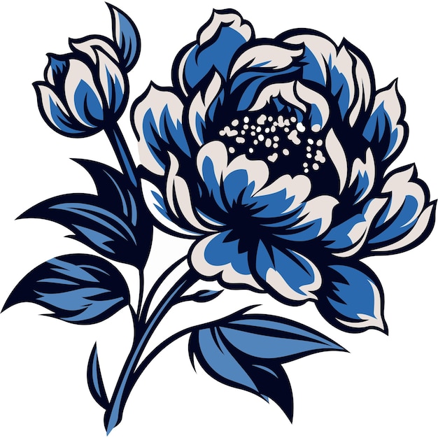 A vibrant blue and white peony flower in a stylized graphic design