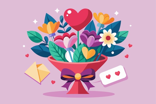 Vector a vibrant bouquet filled with colorful flowers and a heartshaped card perfect for valentines day valentines bouquet with a card customizable cartoon illustration