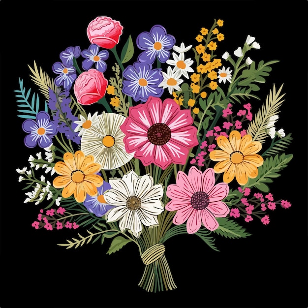 Vector vibrant bouquet of wild flowers embroidered with colorful threads