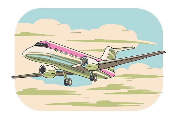 Vector a vibrant cartoon airplane ascends into the sky against a pastel backdrop