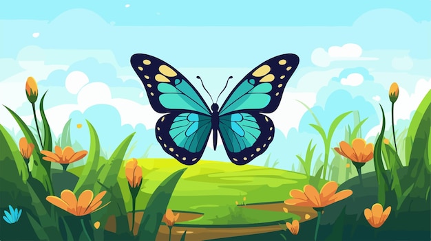 Vibrant Cartoon Butterfly Perched on Green Leaf Illustration for Design Projects