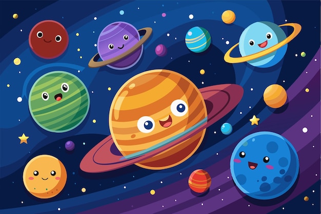 Vector a vibrant cartoon depiction featuring cheerful planets in a customizable solar system filled with stars solar system customizable cartoon illustration