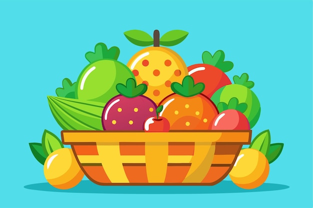 A vibrant cartoon fruit basket filled with assorted fruits featuring a cheerful colorful design Customizable cartoon illustration of a fruit basket