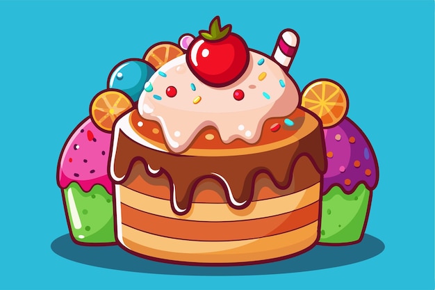 Vector a vibrant cartoon ice cream cake adorned with a cherry sprinkles and cheerful cupcake companions customizable cartoon ice cream cake illustration