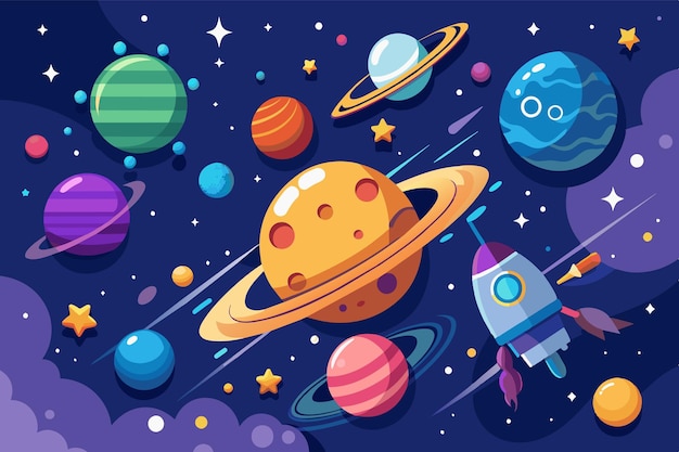 Vector a vibrant cartoon illustration depicting a spaceship traveling through outer space surrounded by colorful planets stars and nebulae