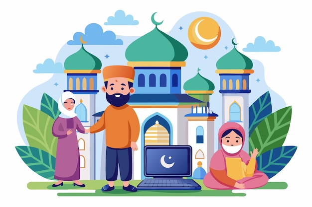 Vector a vibrant cartoon of a mosque featuring people interacting and using technology for learning customizable cartoon illustrations for mosque online services