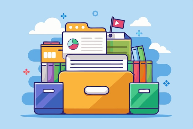 Vector a vibrant cartoon shows a customizable filing system with colorful folders and documents stacked efficiently filing system customizable cartoon illustration