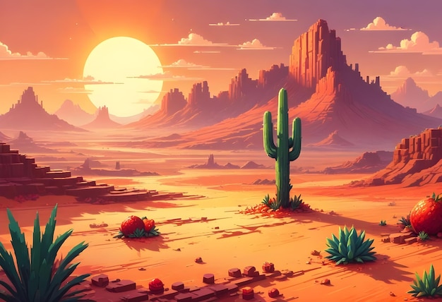 Vector a vibrant cartoonish landscape with a large sun mountains cacti and strawberries the colors are bright and saturated creating a whimsical and playful atmosphere