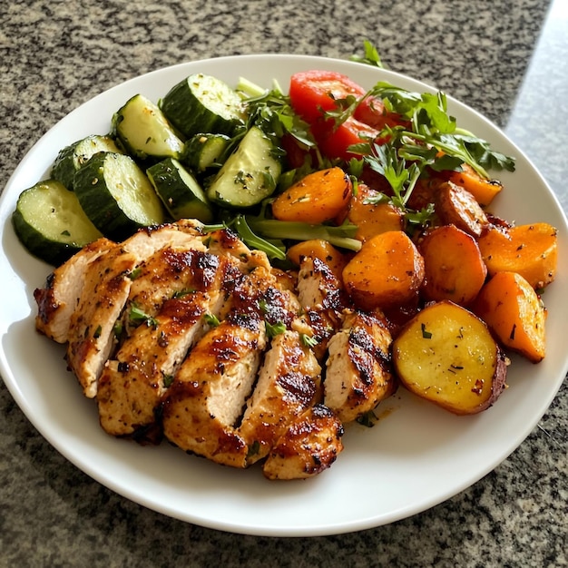 Vector vibrant chicken bowl a colorful medley of grilled protein roasted potatoes and fresh veggies