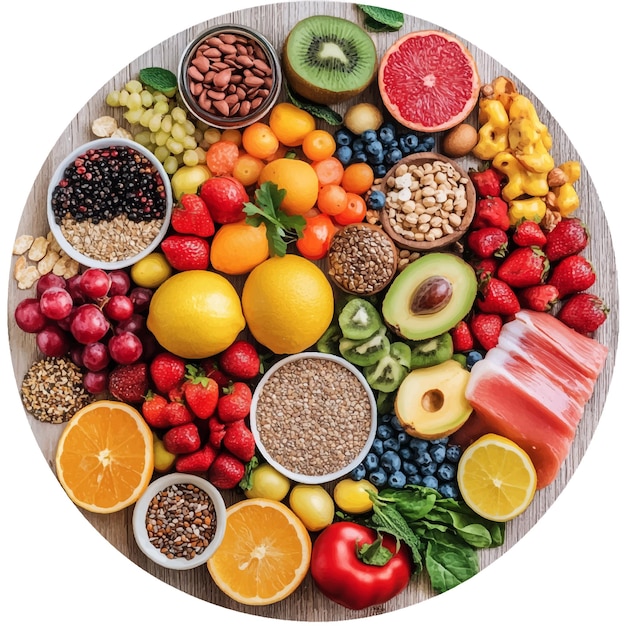 A Vibrant Circle of Fresh Fruits Vegetables Nuts and Grains Representing a Balanced and Nutritiou