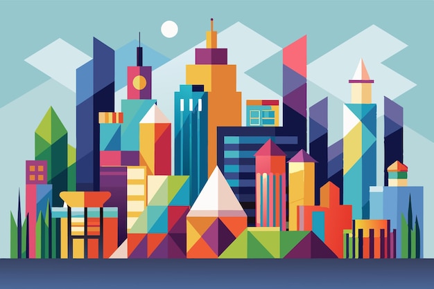 Vector a vibrant city skyline showcases diverse geometric buildings arranged in a colorful palette set against a clear sky with soft clouds and a bright sun