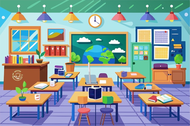 Vector a vibrant classroom setting features desks arranged for learning plants and a world map displayed prominently customizable classroom illustration that is disproportionate