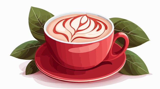 Vibrant Coffee Latte with Leaf Shaped Milk Foam in a Red Ceramic Cup