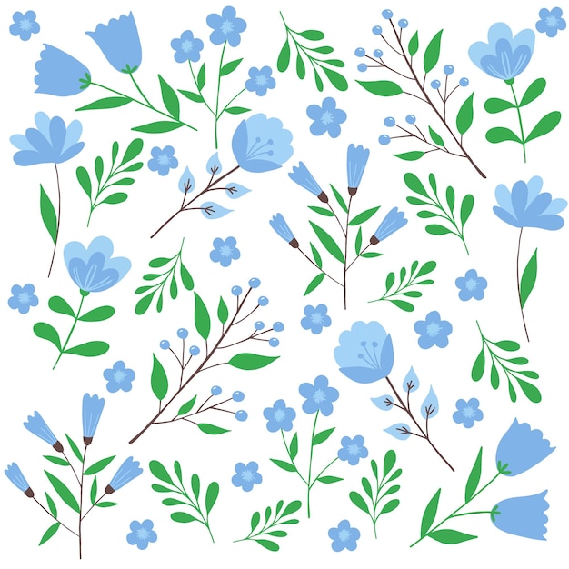 Vibrant Collection of Blue Floral Illustrations on a White Background