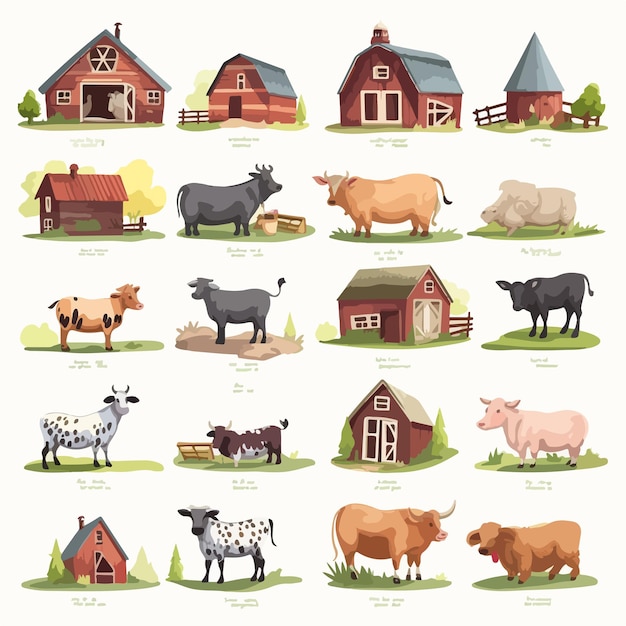 Vector vibrant collection of farm scenes with animals and cart