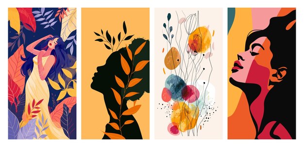 Vector vibrant collection of four feminine portraits and a dreamcatcher illustration poster set