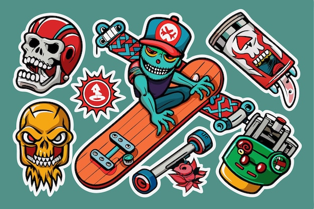 Vector a vibrant collection of skateboarding stickers showcasing bold designs perfect for personalizing gear skateboarding sticker set