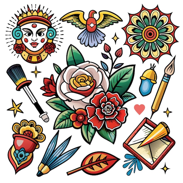 Vector a vibrant collection of tattooinspired designs featuring flowers and tools