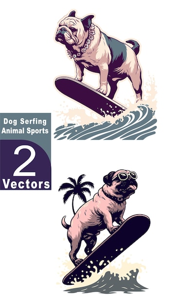 Vector a vibrant collection of vector designs featuring dog and bulldog surfing graphics vector set