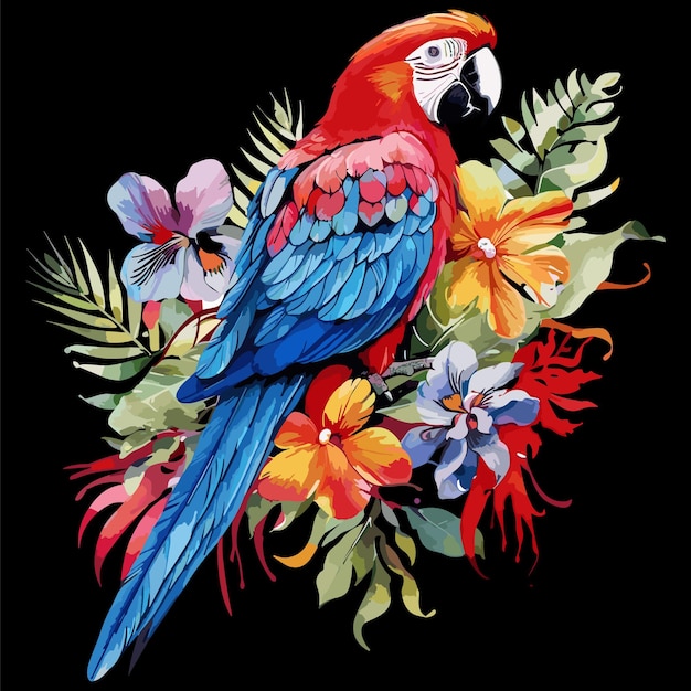 Vibrant Color Parrot in a branch with Flowers