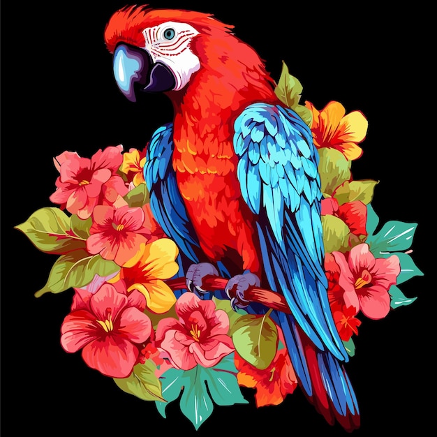 Vibrant Color Parrot in a branch with Flowers