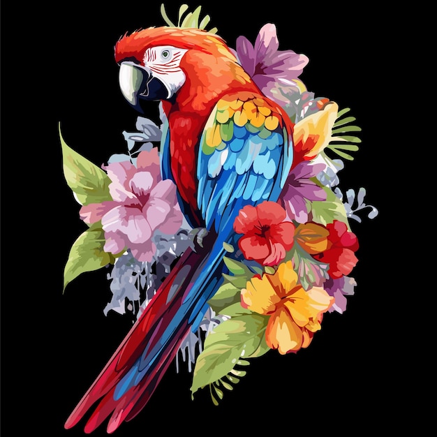 Vibrant Color Parrot in a branch with Flowers