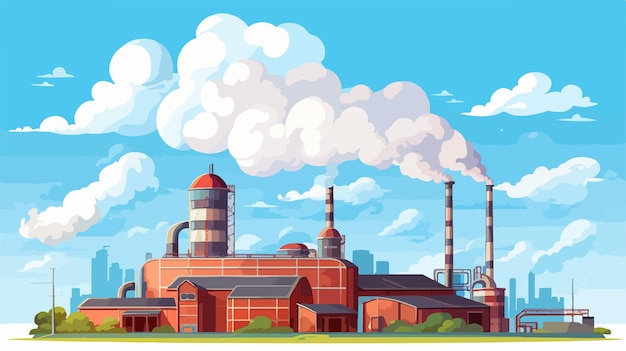 Vector vibrant colored factory building with sky and clouds illustration