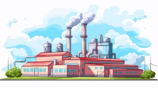 Vector vibrant colored factory building with sky and clouds illustration