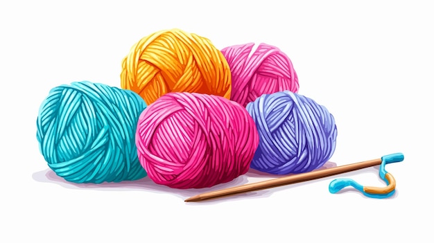 Vector vibrant colored yarn skeins and crochet hook isolated on white background