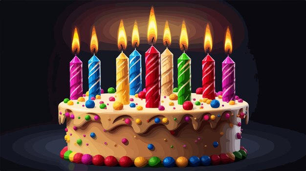 Vector vibrant colorful birthday cake with burning candles on holiday celebration