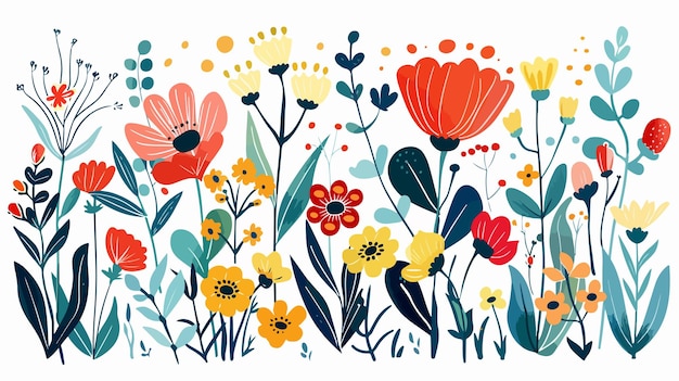 Vibrant Colorful Retro Flowers and Twigs Hand Drawn Horizon