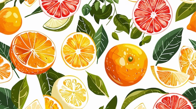 Vector vibrant composition of citrus fruits and green leaves