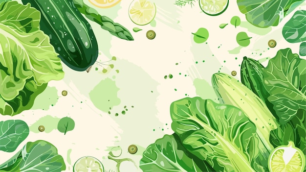 Vector vibrant composition of fresh and healthy green vegetables on colorful background