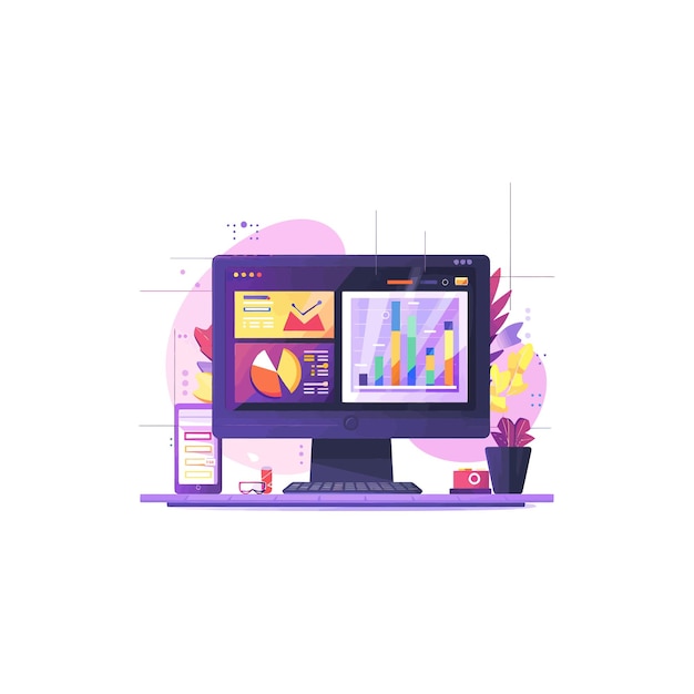 Vibrant Computer Workspace with Data Charts Vector illustration design