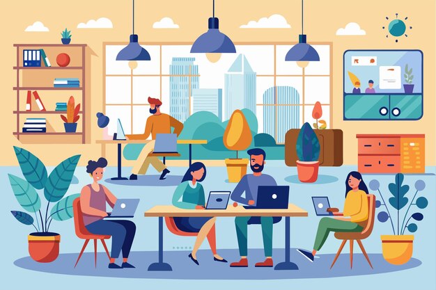 Vector a vibrant coworking space features individuals engaged in productive work with plants and city views coworking space with a flat illustration