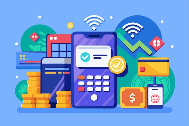 A vibrant depiction of a digital payment system with a smartphone cards and coins illustrating cashless transactions in everyday life