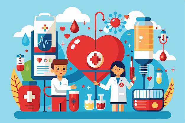 A vibrant depiction of medical professionals engaged in blood donation emphasizing health and community Blood donation illustration customizable and flat