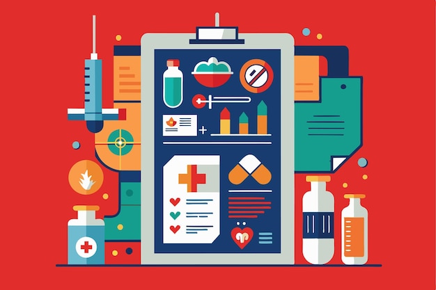 Vector a vibrant design highlighting medication syringes and healthcare documents against a red background information about drugs