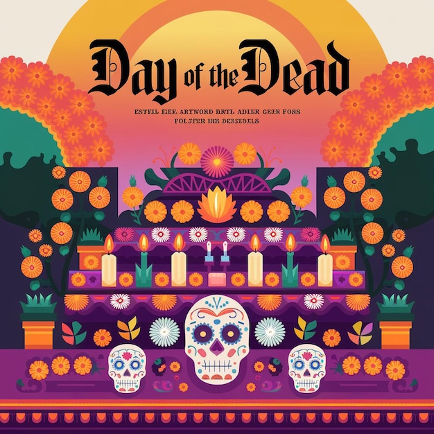 Vector vibrant and detailed digital artwork depicting a day of the dead altar