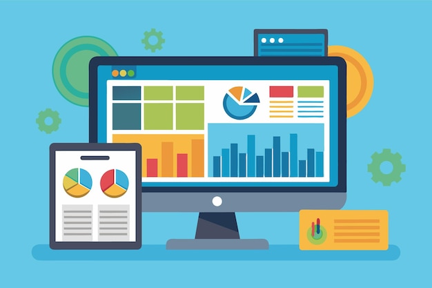 Vector a vibrant digital dashboard featuring various charts graphs and data visualizations on a computer monitor and tablet emphasizing analytics in a modern workspace